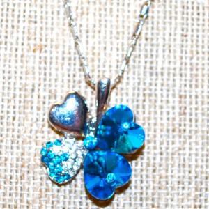 Photo of Silver Plated Blue & Silver 4 Leaf Clover PENDANT (1" x 1") on Silver Tone Chain