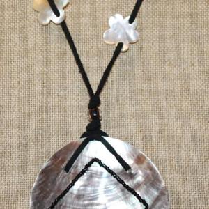 Photo of Large Mother-of-Pearl Style Circle (3" Diam.) Necklace with 2 Accents on a Black
