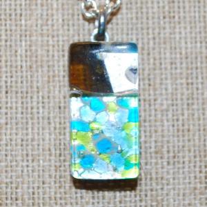 Photo of Blues & Greens Acrylic PENDANT (1¾" x ½") PENDANT on a Silver Tone Necklace Ch