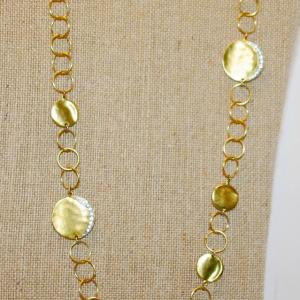Photo of Gold Hammered Discs Wrap-a-Round Necklace with Half-Moon Clear Stones on Each Di