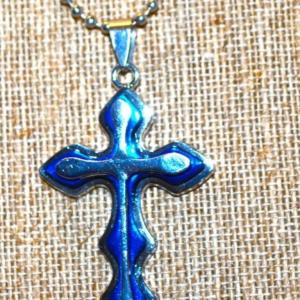 Photo of Silver on Blue Cross PENDANT (3 " x 1 ¼") on a Silver Necklace 23" L