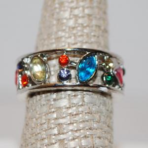 Photo of Size 6¾ Multi-Shaped Very Colorful Varieties of Stones Ring on a Silver Tone So