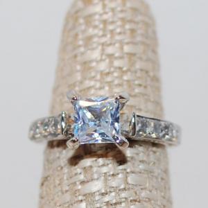Photo of Size 6 Princess Cut Stone .925 Silver Plated Band with Accents (3.7g)