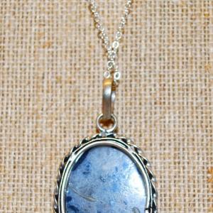 Photo of Large Oval Blue & Gray Stone PENDANT (1¼" x 1") on a Silver Tone Necklace Chain