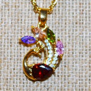 Photo of Beautiful PEACOCK PENDANT (¾" x ½") with Red, Green, Pink, Clear & Purple Ston