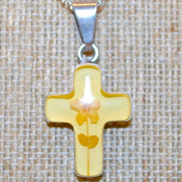 Photo of .925 Silver Acrylic Flower Cross PENDANT (¾" x ½") on a Silver Tone Necklace C