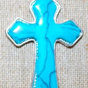 Photo of Large Blue Crackle Cross PENDANT (3" x 2") on a Dark Silver Tone Chain 30" L