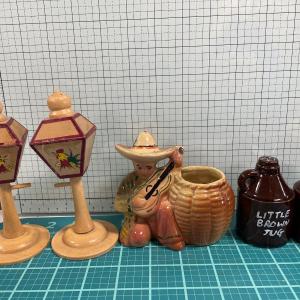 Photo of Brown jug & rooster S&P shakers and guy with basket vase