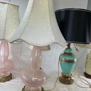 Photo of MCM pink Murano Glass Lamps, Turquoise ceramic brass table lamps