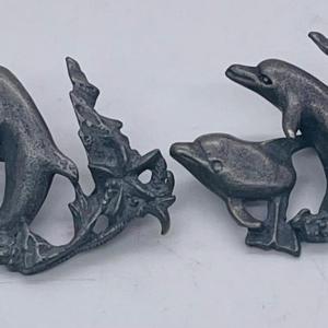 Photo of 2 Leaping Dolphin Pewter Metal Cap Badge Pins or Drawer Pulls