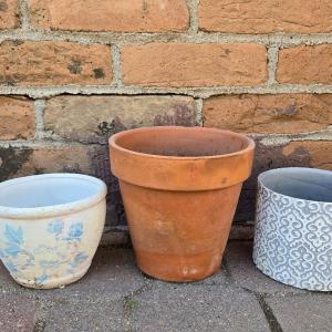 Photo of (2) Ceramic and (1) Chalkware Gardening Pots