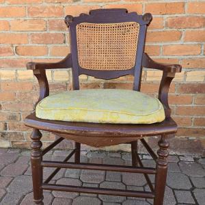 Photo of Antique Wood & Cane Chair with Padded Upholstery Seat