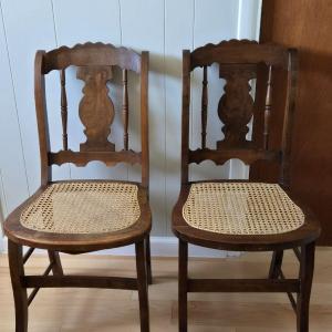 Photo of Antique Burl Walnut Wood & Cane Seat Chairs (2)
