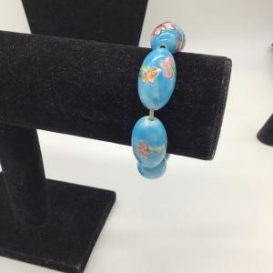 Photo of Turquoise Beaded Bracelet Hand painted Porcelain Ceramic Beads Tropical Flowers