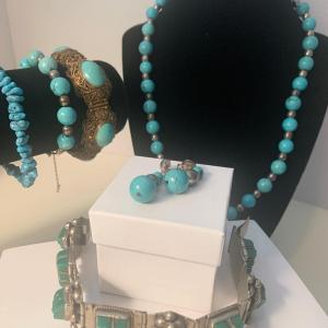 Photo of Antique Turquoise Necklace Silver Bracelet Earrings Set + Misc Bracelets
