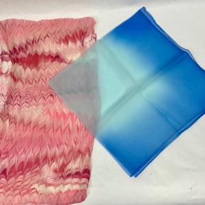 Photo of 2pc scarves Scarf Lot - pink zigzag rectangular and two-tone blue square one