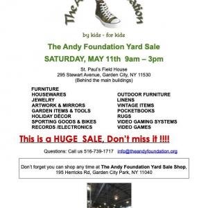 Photo of HUGE Andy Foundation Annual Yard Sale.  Saturday May 11, 9 AM-3 PM