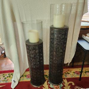 Photo of 2 Metal Floor Candle Holder Plant Stands 10" Dia 44" & 52"