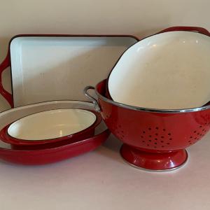 Photo of LOT 179: Red Enamel Cast Iron Cookware & Red Metal Colander