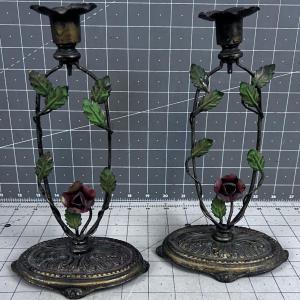 Photo of Pair of Art Nouveau Metal Candle Stick set with Roses