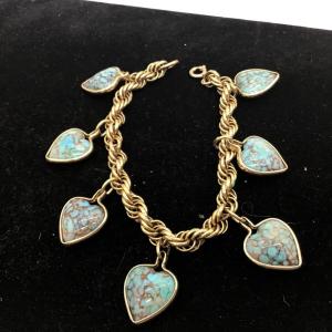 Photo of Vintage turquoise, heart type charm bracelet, gold tone