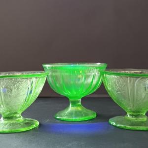 Photo of LOT 105: Uranium Glass Colonial & Cherry Blossom Design Sherbert Glasses
