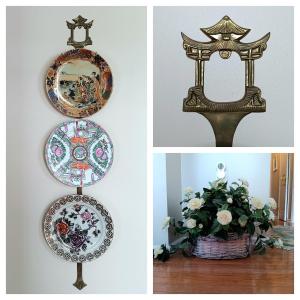Photo of LOT 77: Set of 3 Satsuma-Style and Famille Rose Chinese Plates on Brass Wall Dis