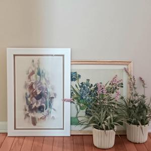 Photo of LOT 104: Framed Floral Art Posters w/ Pair of Faux Floral Arrangements