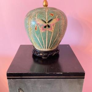 Photo of LOT 122: Hand Painted Wood Pedestal Column and Butterfly Themed Ginger Jar with 