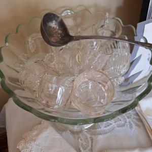 Photo of crystal punch bowl w/pedestal , glasses, & ladle