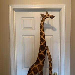 Photo of LOT 175: Store Display Wood Art Statues of Mother Giraffe & Baby: 6' 5"