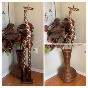 Photo of LOT 176: Wood Sculpture of Giraffe & Pencil Reed Rattan Floor Basket/Vase w/Faux