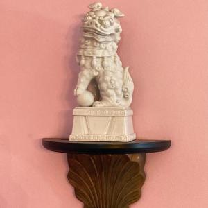 Photo of LOT 109: Asian Foo Dog Statue with Wooden Wall Sconce Shelf