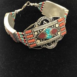 Photo of Vintage Tibetan Silver Bangle Bracelet Cuff With Turquoise And Coral Gemstone