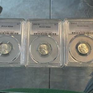Photo of PCGS Certified 1943-P/D/S Graded MS66 Set of Steel/Zinc Lincoln Cents the Best S