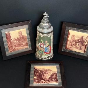 Photo of LOT 133: Limited Edition Tyrolean-Tankard German Stein and Three Framed Old Worl