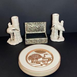 Photo of LOT 132: Fitz and Floyd "Golden Heron" Plates, Heron Candlestick Holders and Met