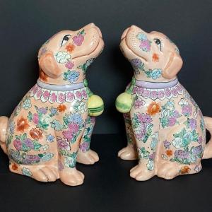 Photo of LOT 130: Pair of Colorful Asian Floral Painted Dog Sculptures