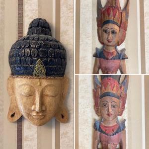 Photo of LOT 125: Sculptured Carved Wood Collection - Buddha Mask and Two Balinese Mermai