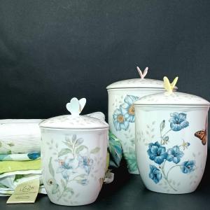 Photo of LOT 251: Lenox Collection- Set of 3 Butterfly Meadow Canisters and Tablecloth w/