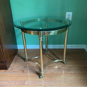 Photo of LOT 191: Set of 3 Brass & Glass Table: Round End Table, Square End Table & Coffe