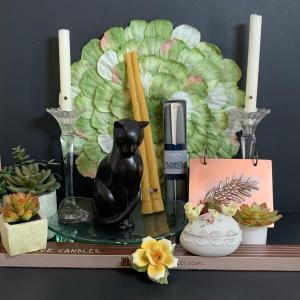 Photo of LOT 207: Home Decor: Black Ceramic Cat, Lefton Egg, Bees Wax Candles, 24" Orchid