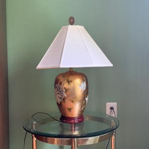 Photo of LOT 189: Vintage Bird & Floral Motif Gold Lamp w/Wooden Base