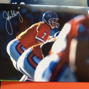 Photo of Denver Bronco's signed John Elway picture with Coin and Bronco's ornament