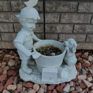 Photo of Little boy and his dog Resin Garden planter with Dove windchime