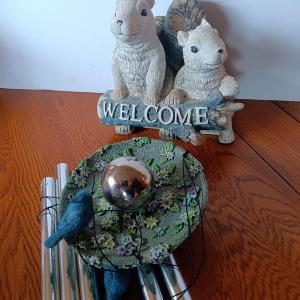 Photo of Resin Garden Welcome Squirrels with bird gazing ball wind chime.