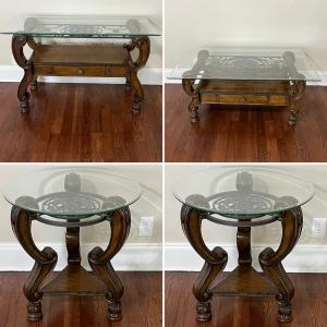 Photo of Living Room Suite Four (4) Piece Set ~ Wooden & Metal Beveled Glass Top Tables