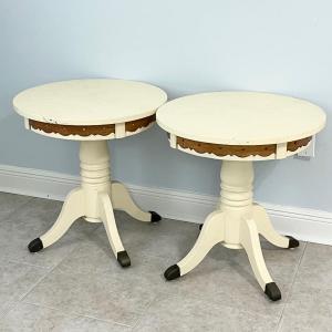 Photo of Pair (2) ~ 24” Round Solid Wood Rustic Painted Side Tables With Metal Feet