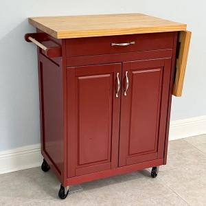 Photo of Red Wooden Rolling Kitchen Cart With Butcher Block Top