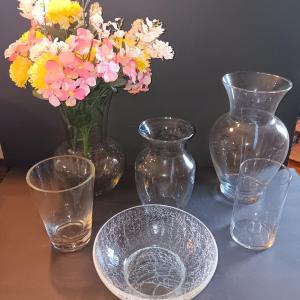 Photo of Nice collection of glass vases with a crackle glass bowl and some Faux flowers